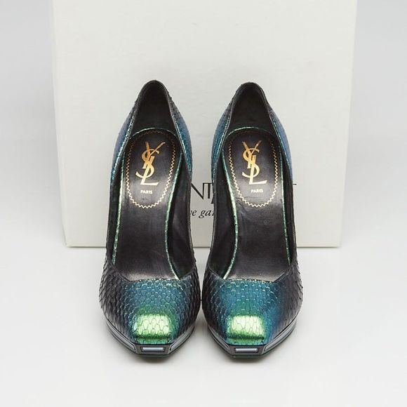 YSL Metallic Snakeskin Platform Pumps with Mirror Heel, Size 7.5 - Picture 3 of 7